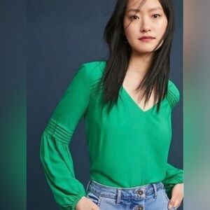 Maeve V-Neck Pintuck Sleeve Blouse in Green